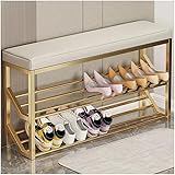 Industrielle 2-stöckige Schuhbank mit Sitz, goldfarbenes Metall, Eingangsbereich, Aufbewahrungsregal, stilvolle Schuh-Schneiderei für Flur, Größe: 80 x 20 x 48 cm, perfekt für Wohnkultur
