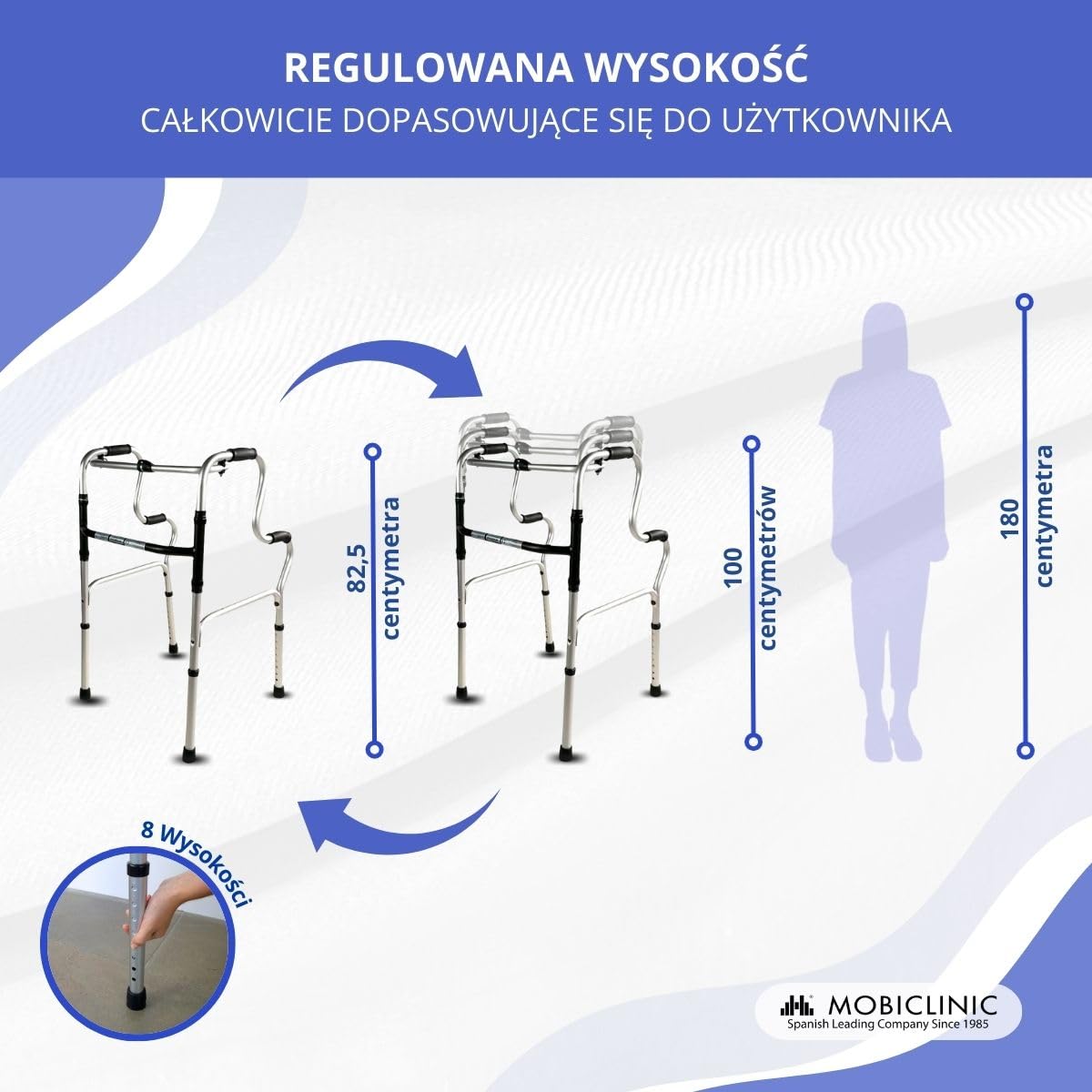 Mobiclinic®, Pórtico, Europejska marka, Chodzik, Regulacja wysokości, 2 składany, Lekki, Dla seniorów, Antypoślizgowy, Ergonomiczne uchwyty, Do 100 kg, Srebrny