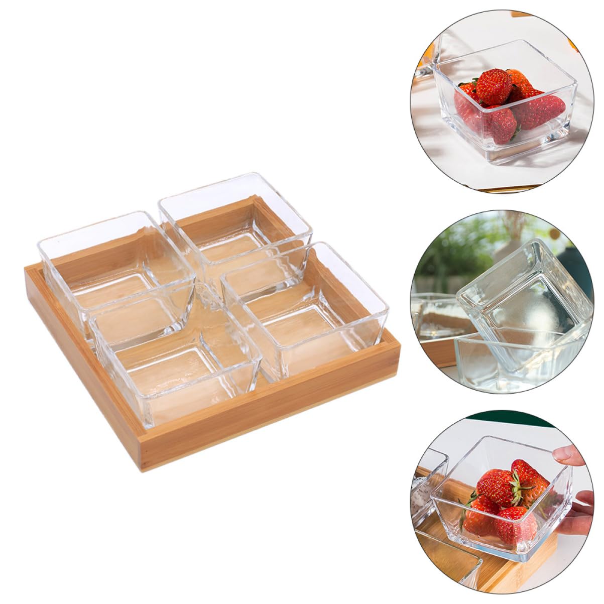 Hemobllo Plateaux En Verre Divisés 4 Compartiments 28 Cm Support Bois Naturel Service Fruits Secs Noix Apéritif Maison Restaurant Fête