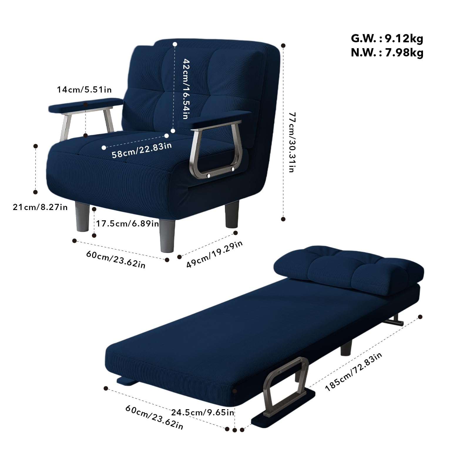 Fabulcozy - Poltrona letto convertibile a 1 posto – Ottimo comfort, rimovibile con cuscino, braccioli e piedi in metallo (Blu)