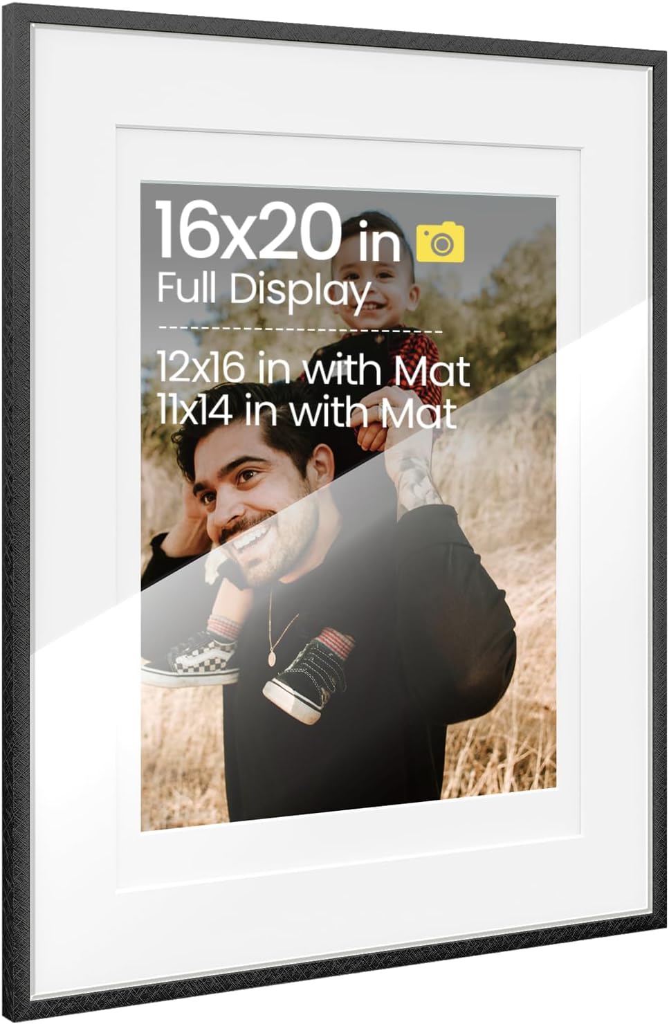 Aluminum Metal 16x20 Picture Frames with Double Mat to Display 12x16 Picture and 11x14 Picture,Black Picture Frames & Real Tempered Glass for and Document Storage Wall Decoration 16x20 Mat to 12x16 & 11x14 Black