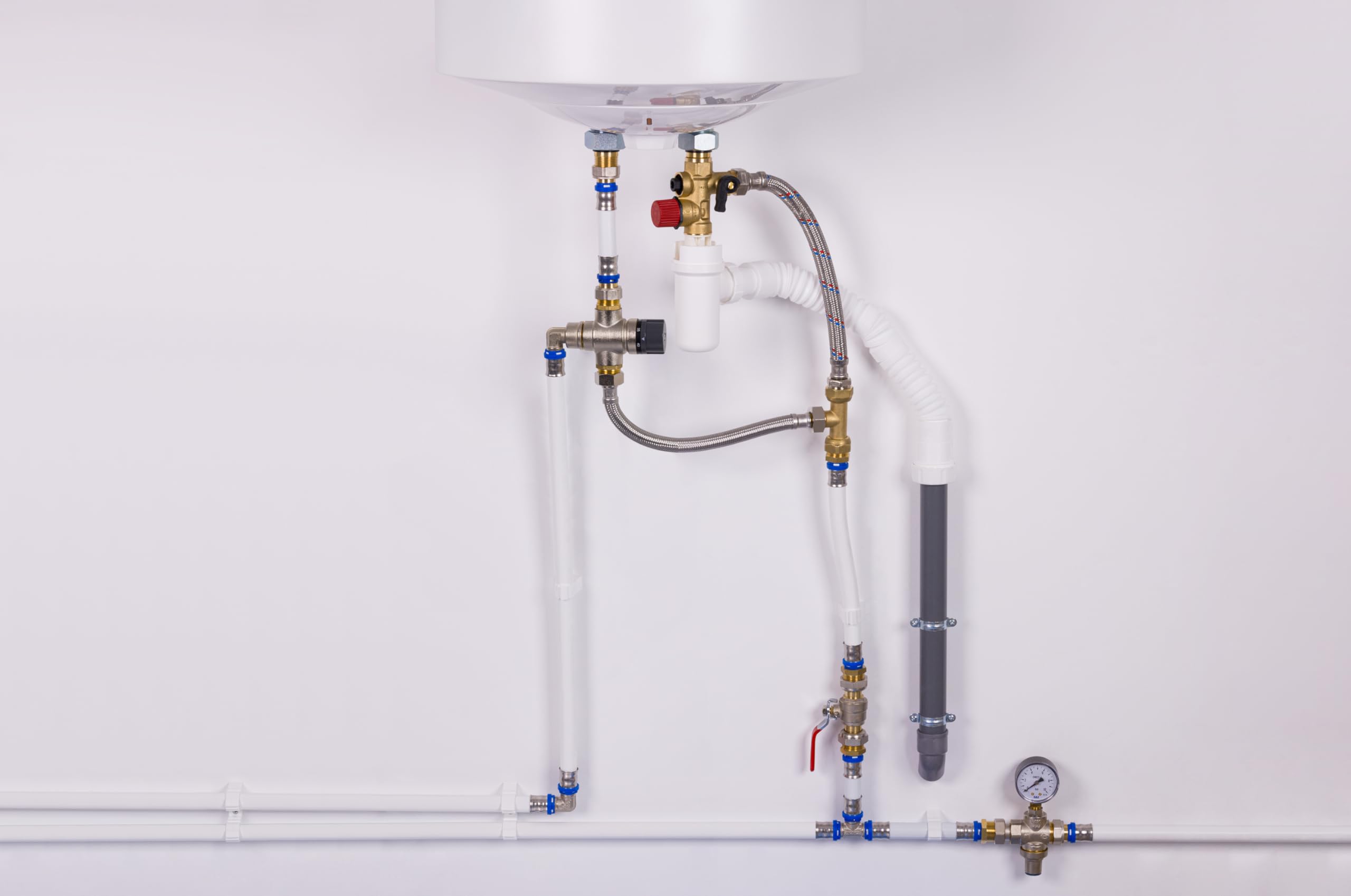 Kit raccordement Groupe de sécurité droit norme NF 20x27 (3/4) siège laiton + siphon + flexibles d'alimentation + flexible évacuation + teflon chauffe eau/cumulus NOYON & THIEBAULT