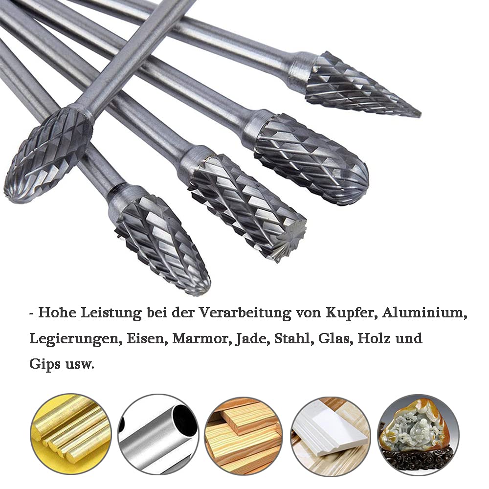 Mesee 10 Stück Rotary Burr Set, Wolframstahl Frässtifte, Raspel Set Hartmetall Frässtift Rotary Burr, Holzbearbeitung Schleifkopf Drehwerkzeug Wolframstahl Grinder für Schnitzen, Gravur, Bohren-100mm