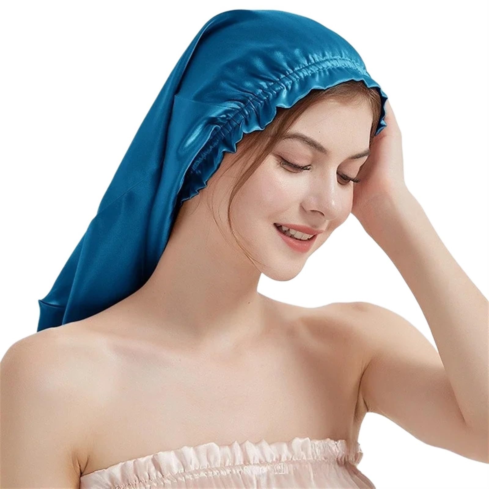 Cuffia seta capelli notte Turbante lungo di seta naturale turbante for capelli spessi berretto da notte for dormire ricci cuffia for avvolgere i elastica(Peacock)