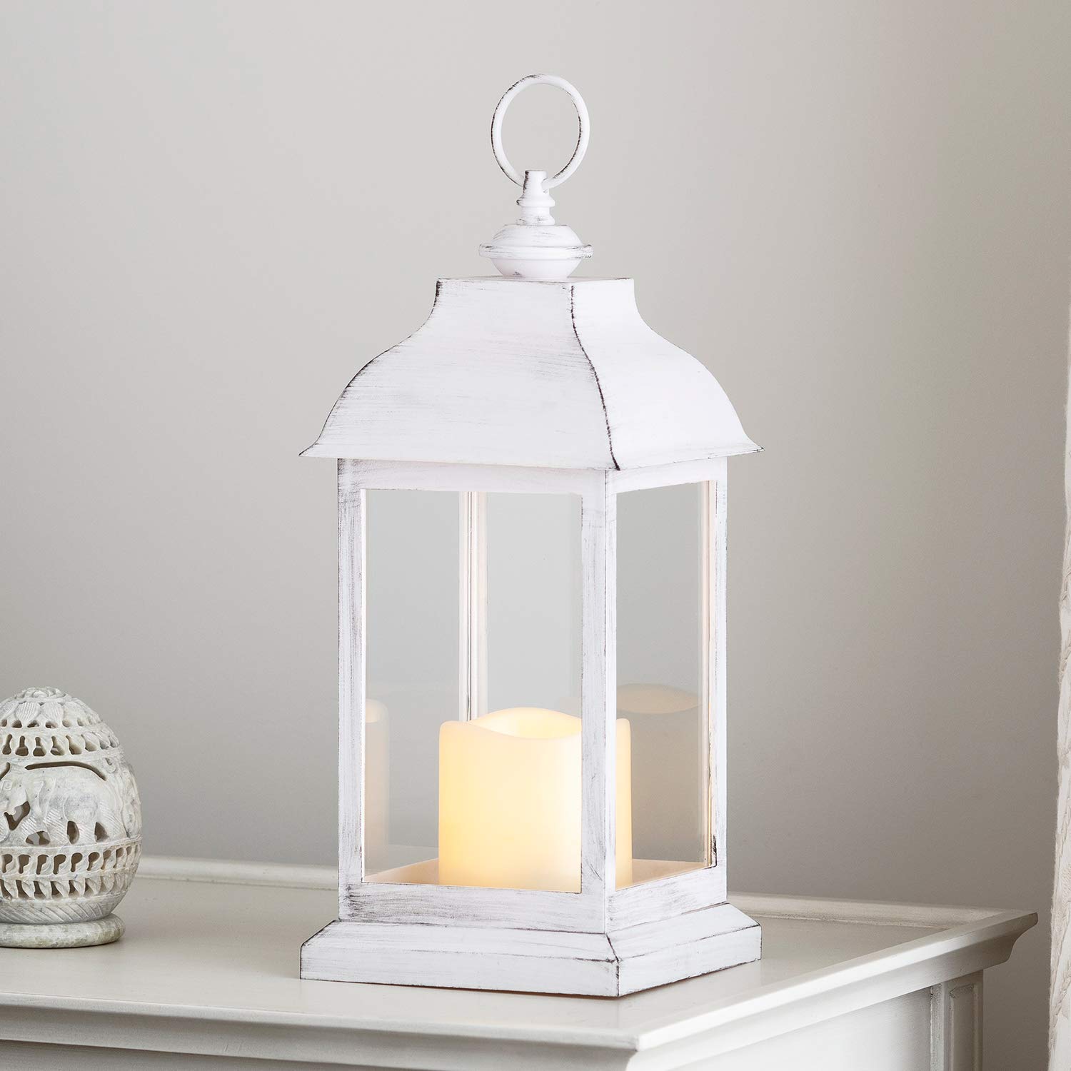 Lights4fun Set of 3 Distressed White Candle Lanterns Battery LED Indoor Outdoor Use with Timer 30cm