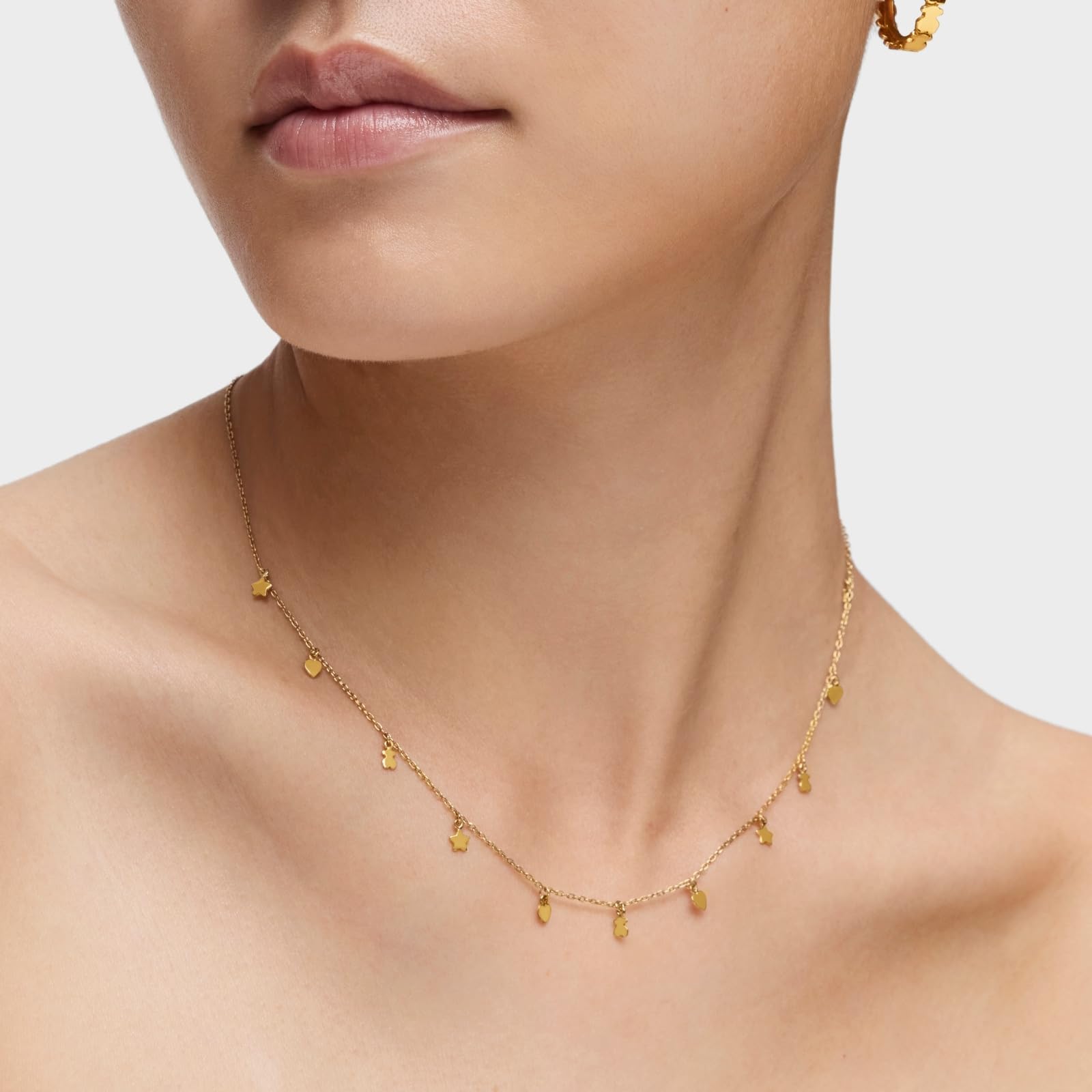 TOUS Collar con Baño de Oro 18Kt sobre Plata para Mujer con Motivos de Osos, Corazón y Estrella 3,5mm y Anilla de 40cm, Largo 43 cm, Atemporal y Elegante, Colección Cool Joy
