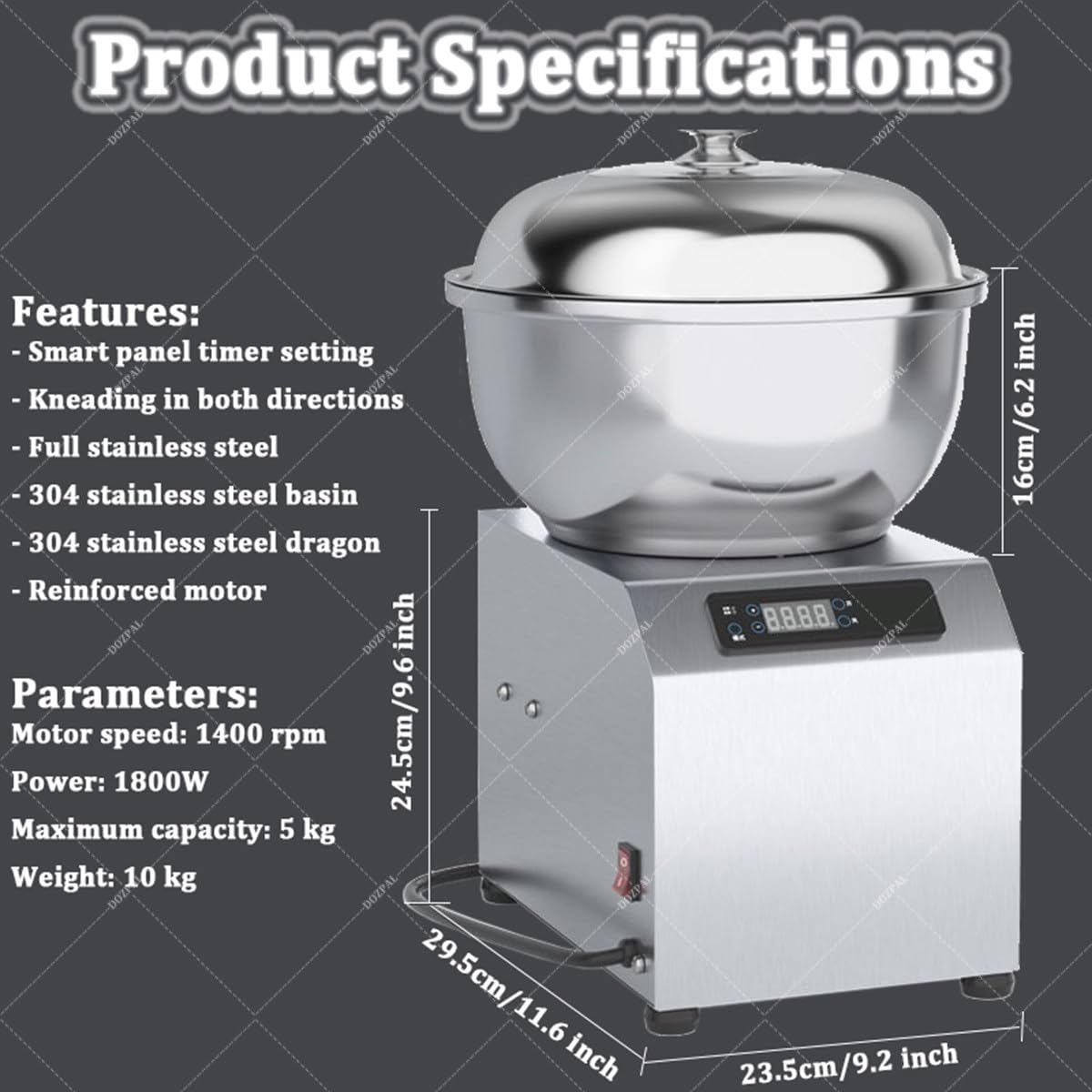 Amasadora de 5 kg/8 kg - Amasadora Espiral Profesional, amasadora automática, batidora de pie para pizzerías y panaderías, Temporizador de 30 Minutos y rotación hacia adelante/atrás 5kg