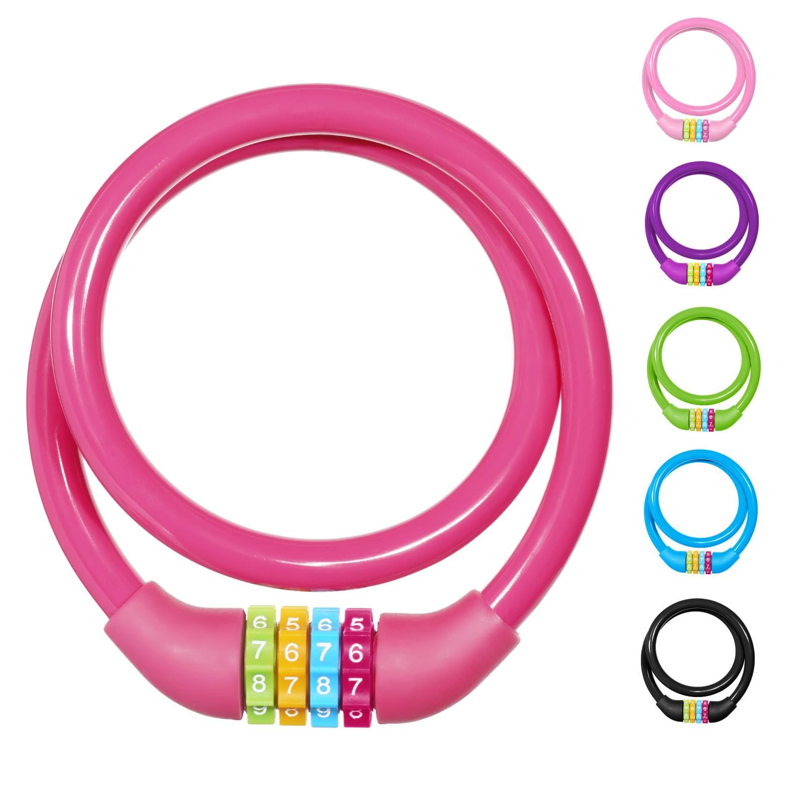4-Digit Password Bicycle Lock - 65cm Portable Anti Theft Bike Lock, Resettable Combinations for Bike, Motorbike, Scooter, Skateboard, Gate, Fence (Pink)