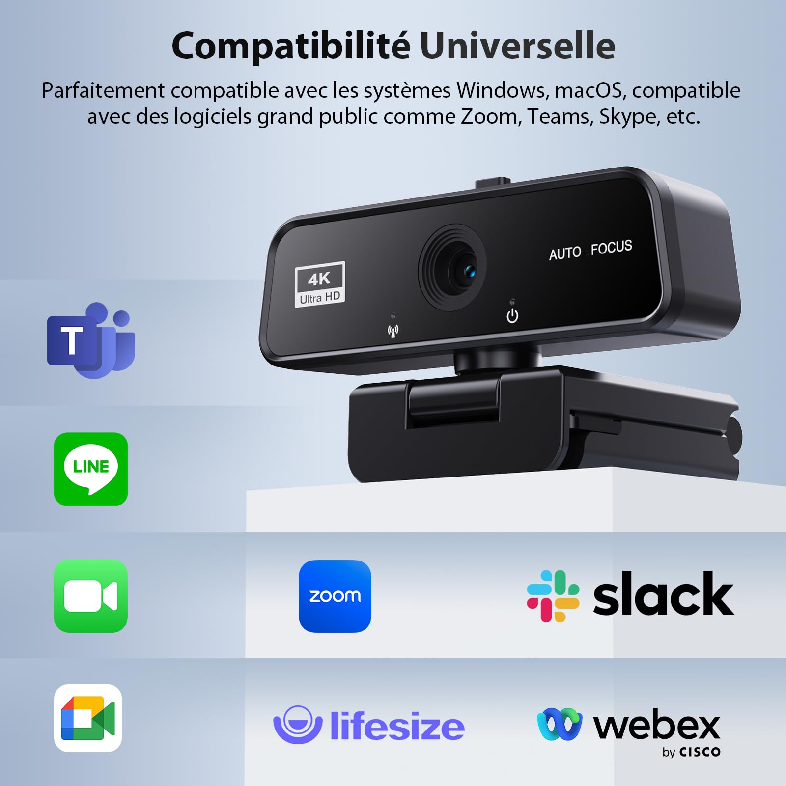 Webcam 4K UHD Autofocus - Caméra USB PC 8MP avec Micro Anti-Bruit Rotatif 360° Socle Ajustable pour Youtube Streaming Skype Appel Vidéo Zoom Plug-and-Play Windows MacOS Linux