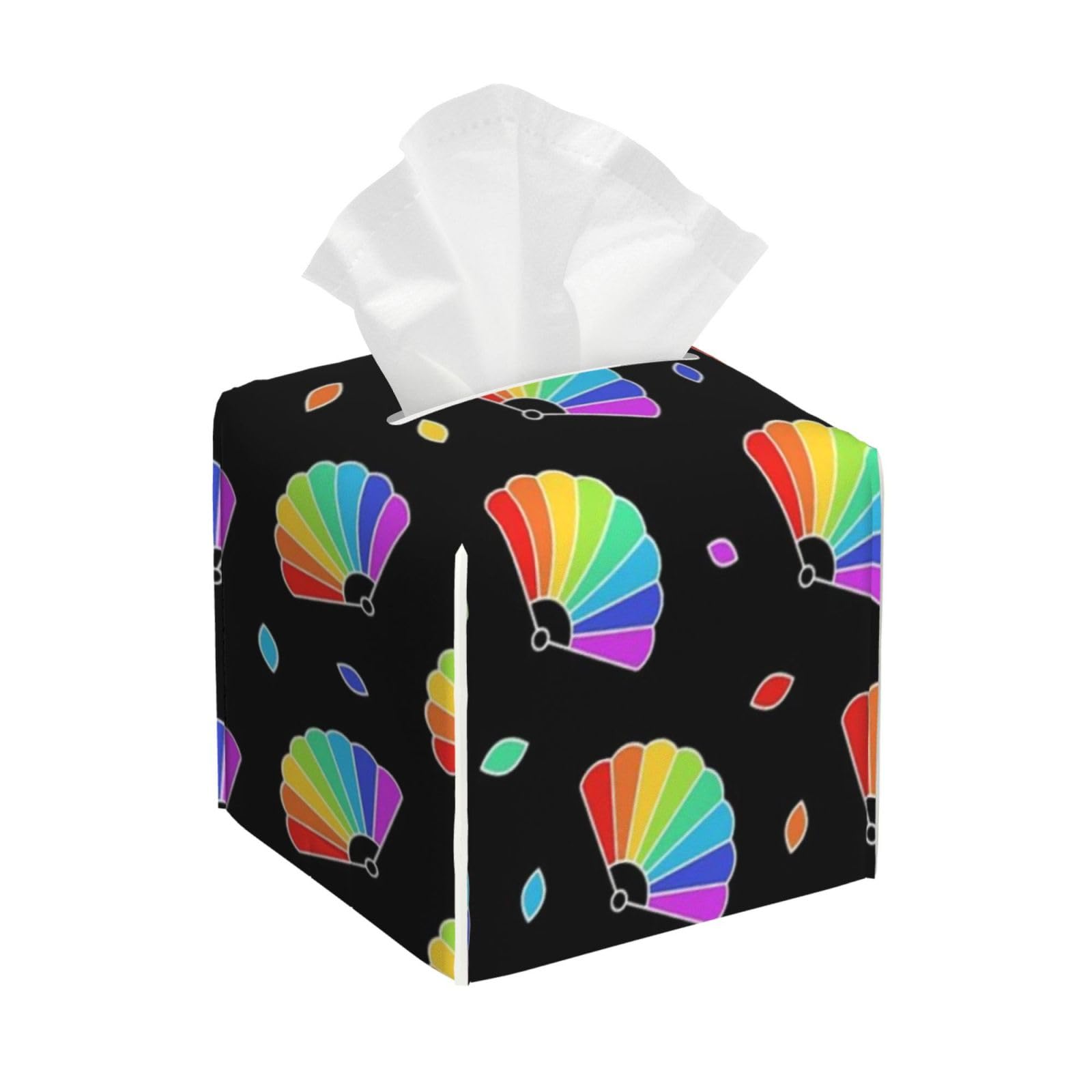 Rainbow Fans Pattern Tissue Box Cover 5" Square Leather Tissue Holder Facial Tissue Case for Tabletop Bedroom Bathroom Desk Decor