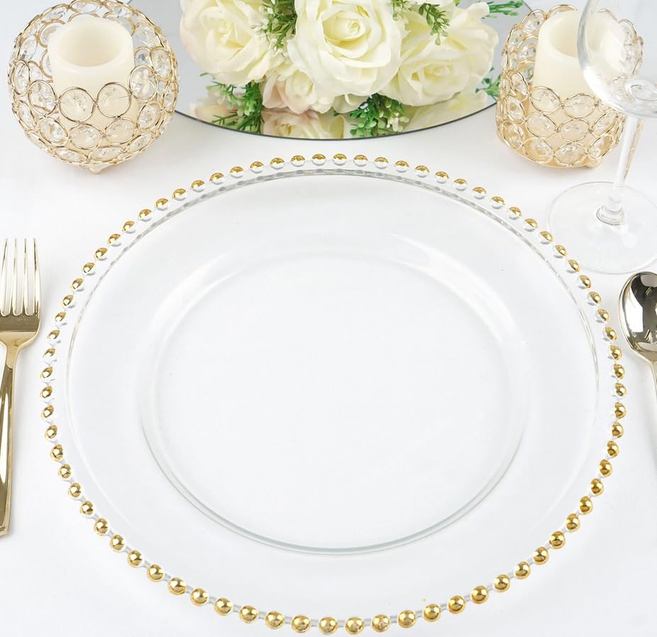 HONHPD Clear Plastics Charger 13 Inch Dinner Plate With Beaded Rim - Set of 50 Pcs - Gold