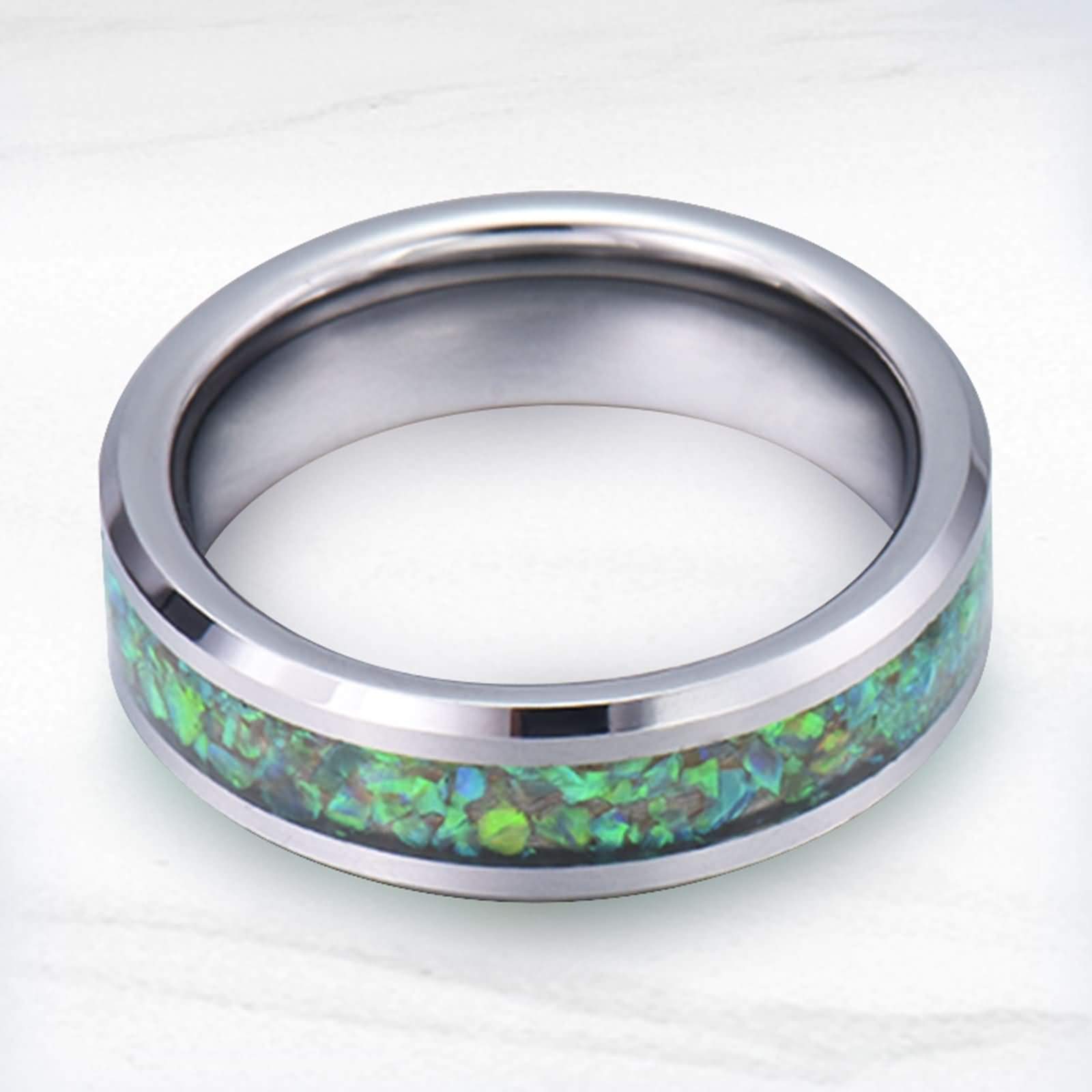 Anello Carburo di Tungsteno Anello Intarsio in Opale Comfort Fit Anello Tungsteno Personalizzabile 8MM Anello Promessa Argento Verde Misura 12-31