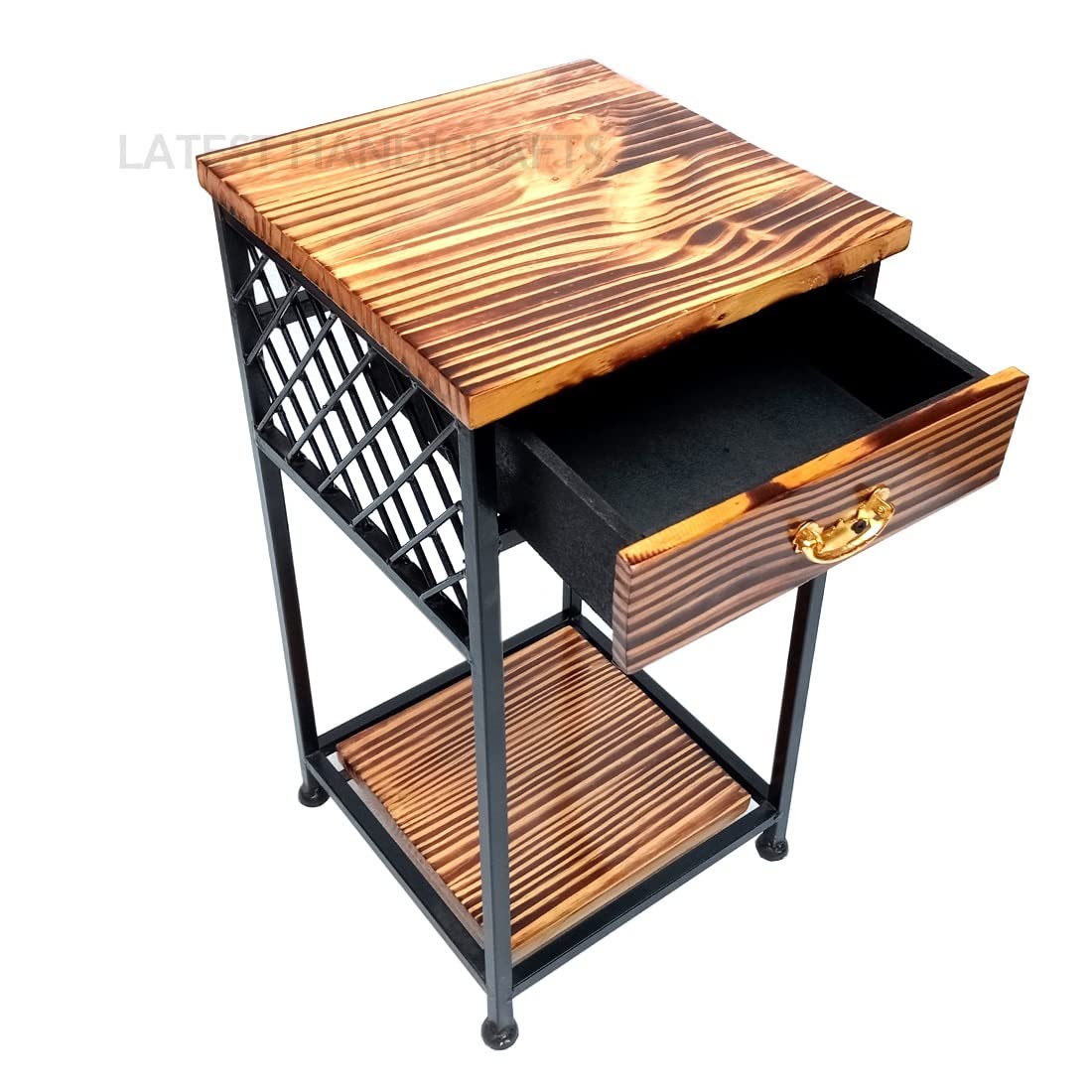 Antique Wooden Bedside Table End Table with One Drawer Storage and Shelf for Bedroom and Living Room Standard Size 28 x 28 x 53 cm | Wrought Iron Frame | (1 Drawer)-image-20