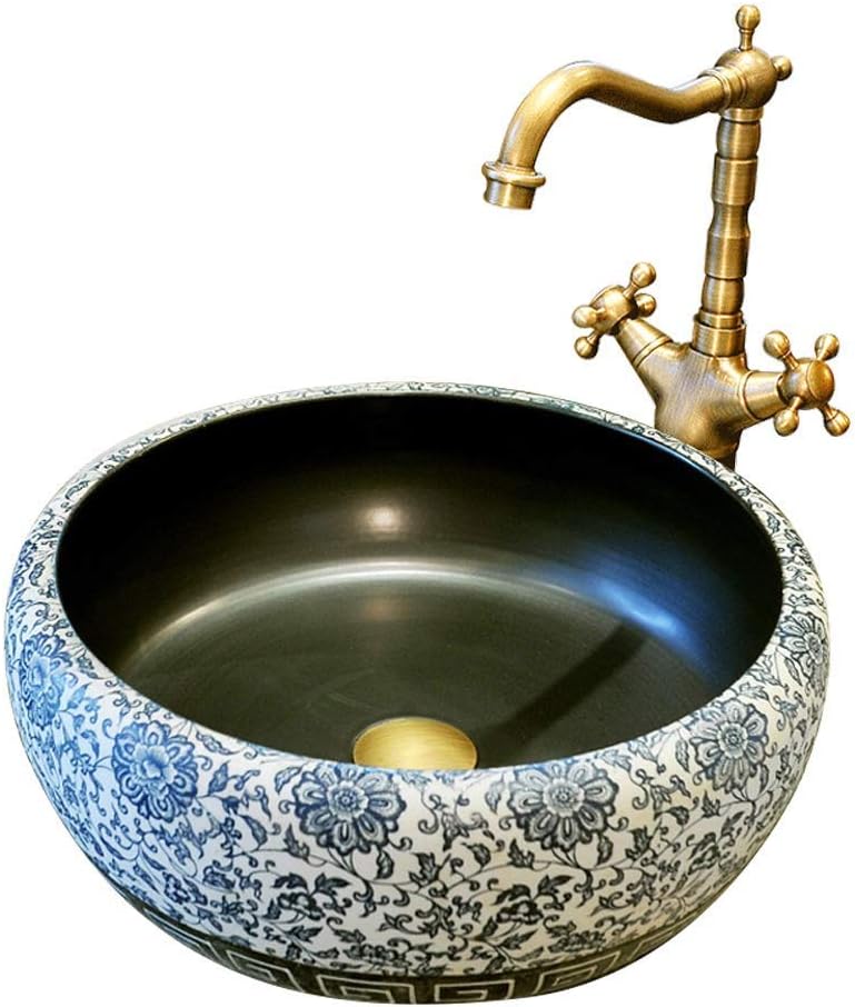 L.HPT Lavamanos, lavamanos de cerámica Pintados a Mano, lavamanos Redondo, lavamanos Redondo, baños de cerámica 41X15 cm (no Incluye Grifo)