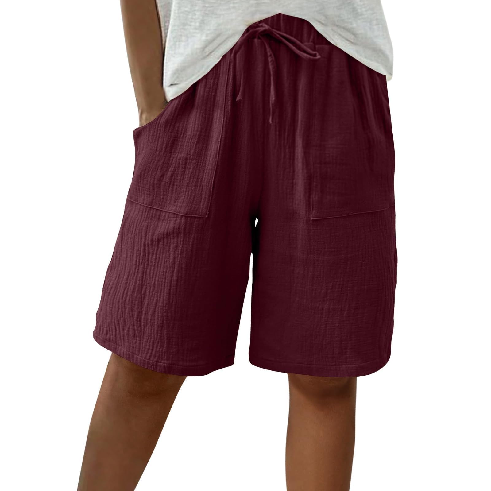 APRDFEU Bermuda Shorts for Women Knee Length High Waisted Baggy Shorts with Pockets Cotton Linen Summer Casual Lounge Outfits — view 8