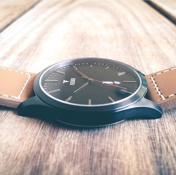 Compeve Fuzuka Black Gun Metal Tan Leather Strap Dress Watch Japan Movement