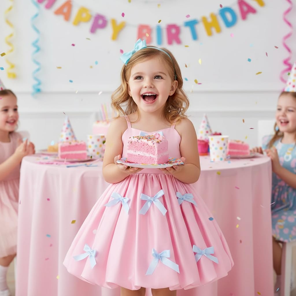 IDOPIP Toddler Girls Pink Bow Birthday Dress Bubble-Hem Princess Flower Girl Wedding Pageant Formal Party Dresses Photo Shoot