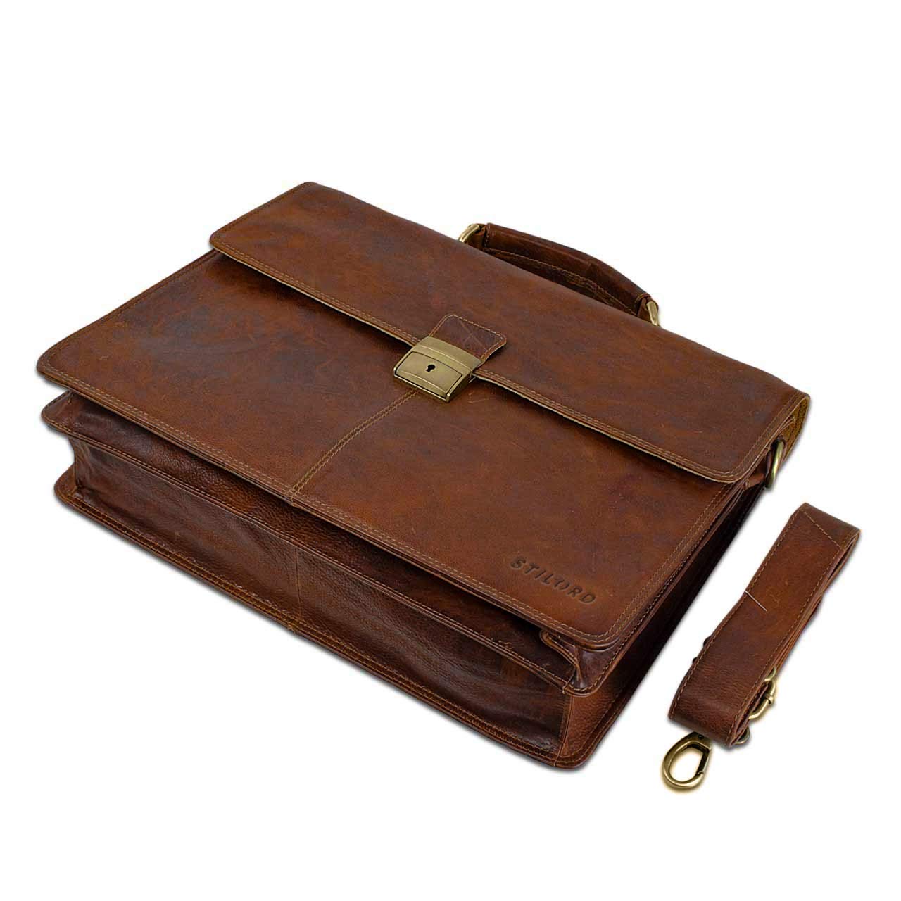 STILORD Vintage Aktentasche Herren Büro Business Schultertasche Laptoptasche mit Schloss groß echtes Rinds-Leder braun