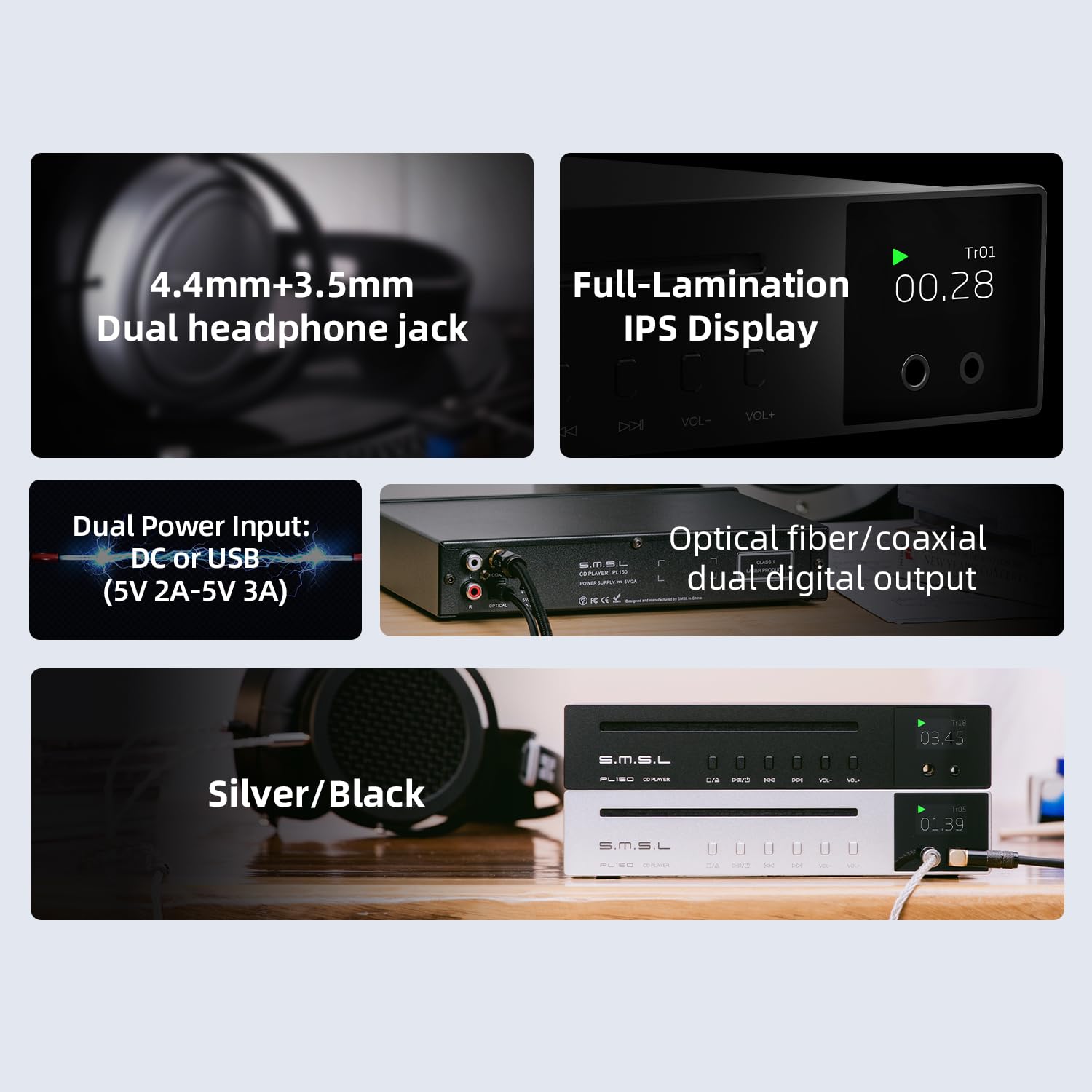 Odtwarzacz CD SMSL PL150 Wysokiej Jakości z Dekodowaniem DSD512, Funkcją DAC USB, Idealny dla Domowego Kina i Audiofilów（Czarny）
