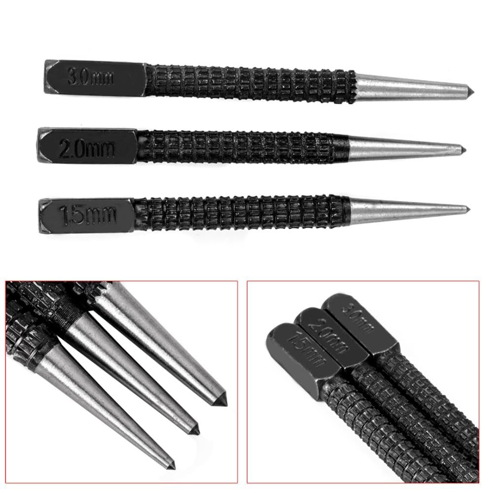 Ankörner Satz, 3 Stück Positionierstanzer Durchtreiber und Körner Set für Löcher Bohren, Abtrennen, Abschlagen (1.5mm-3mm)