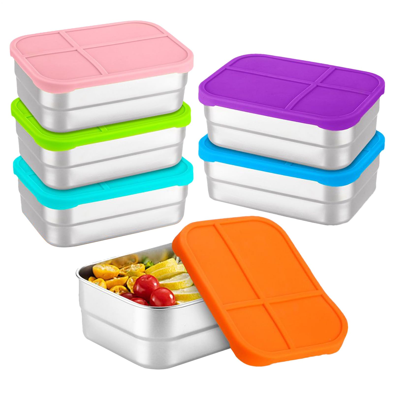 6 recipientes de almuerzo de acero inoxidable – 16,2 x 11,7 x 5,8 cm, caja de alimentos reutilizable, contenedor de aperitivos de 720 ml con tapa de silicona | | Para comidas deportivas, viajes