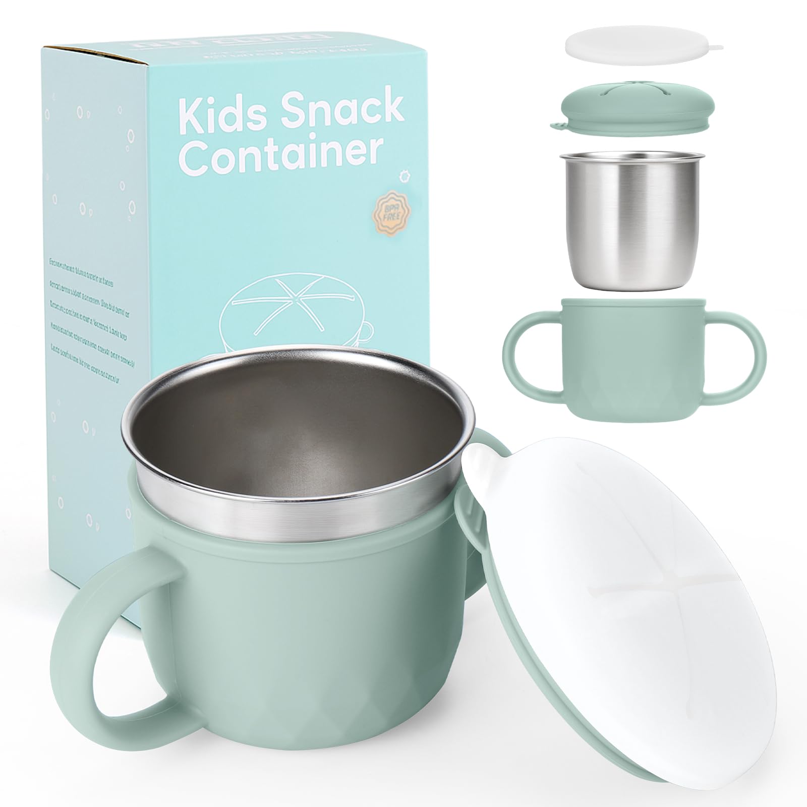 Toddler Snack Containers Stainless Steel Spill-Proof Snack Containers for Toddlers with Spill-Proof Silicone Lids and Handles 4-in-1 Baby Snack Cup is Dishwasher Safe for Easy use On The Go（Green）-image-36
