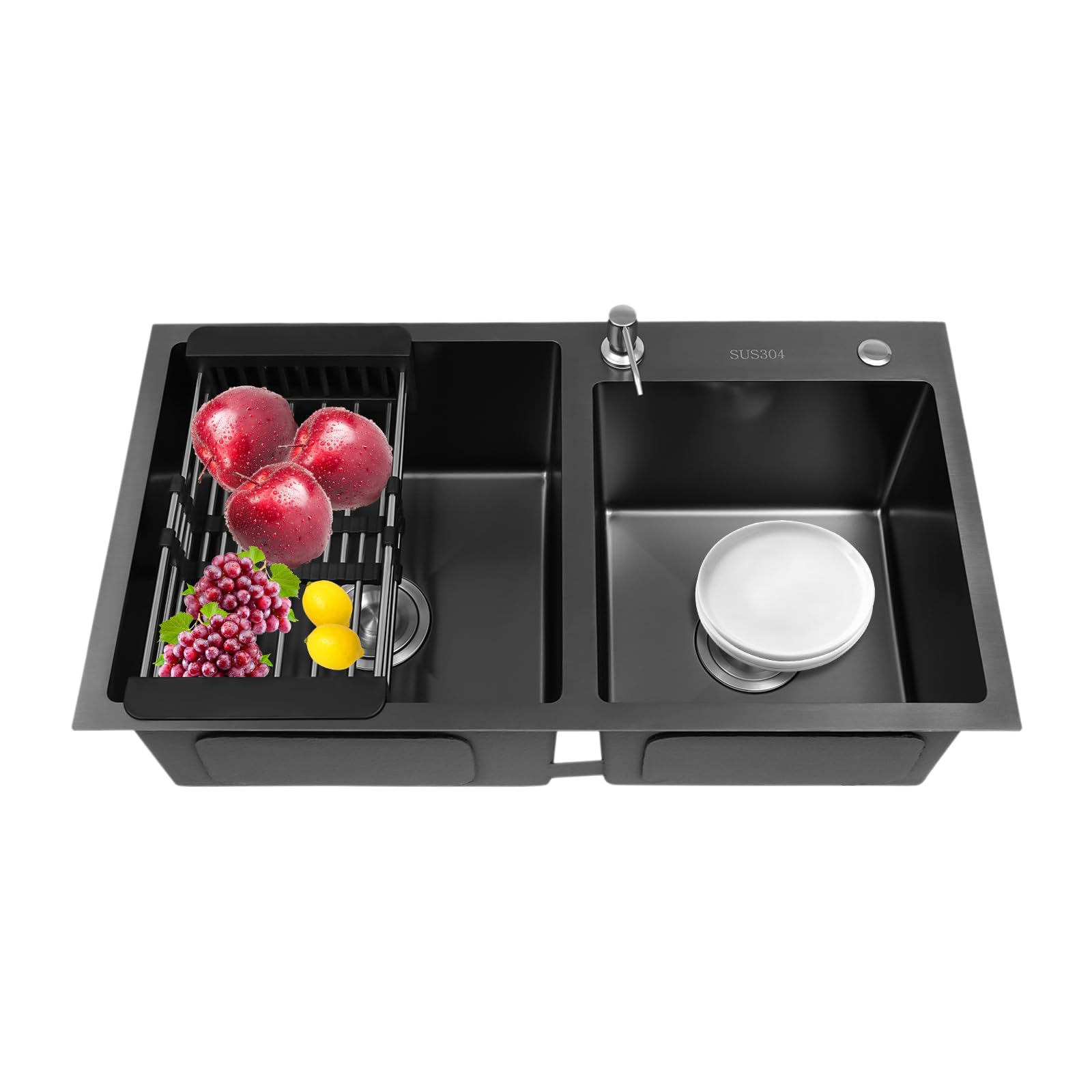 Fregadero de cocina de acero inoxidable con doble lavabo 2 lavabos doble con escurridor dispensador de jabón negro 78 x 43 x 22,5 cm