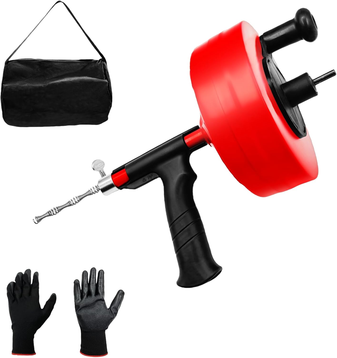 Drain Snake 35 FT, Auger Drain Snake Hair Drain Clog Remover, Drain Snake with Drill Attachment, Plumbing Snake for Sink, Toilet and Shower, Manual or Powered Use, w/Gloves and Storage Bag