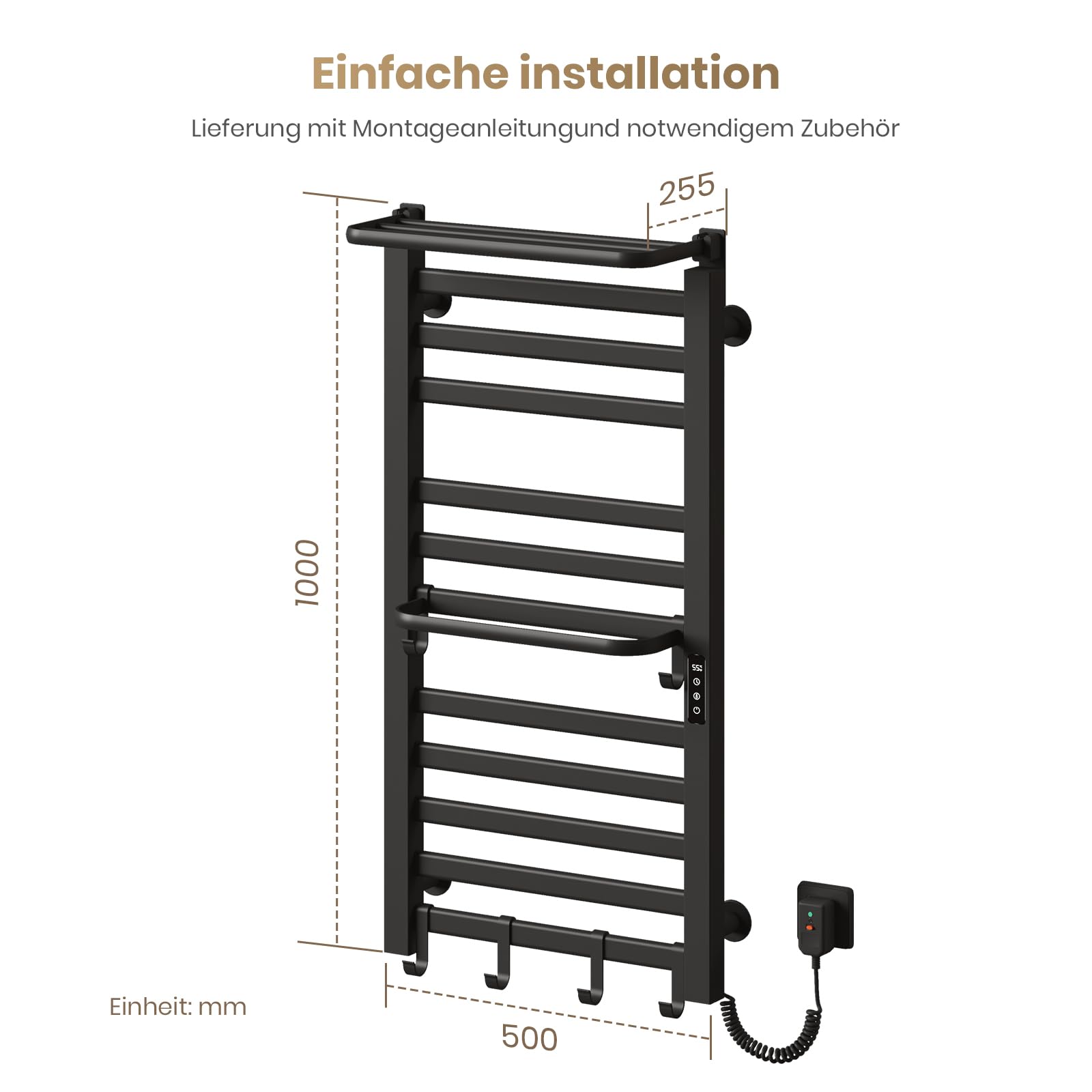 EMKE Elektrischer Badheizkörper 100x50 cm, 280W Handtuchwärmer mit WLAN-App-Steuerung, Kohlefaser Handtuchheizkörper mit klappbarer Ablage & 6 Haken, IPX5 spritzwassergeschützt, Schwarz