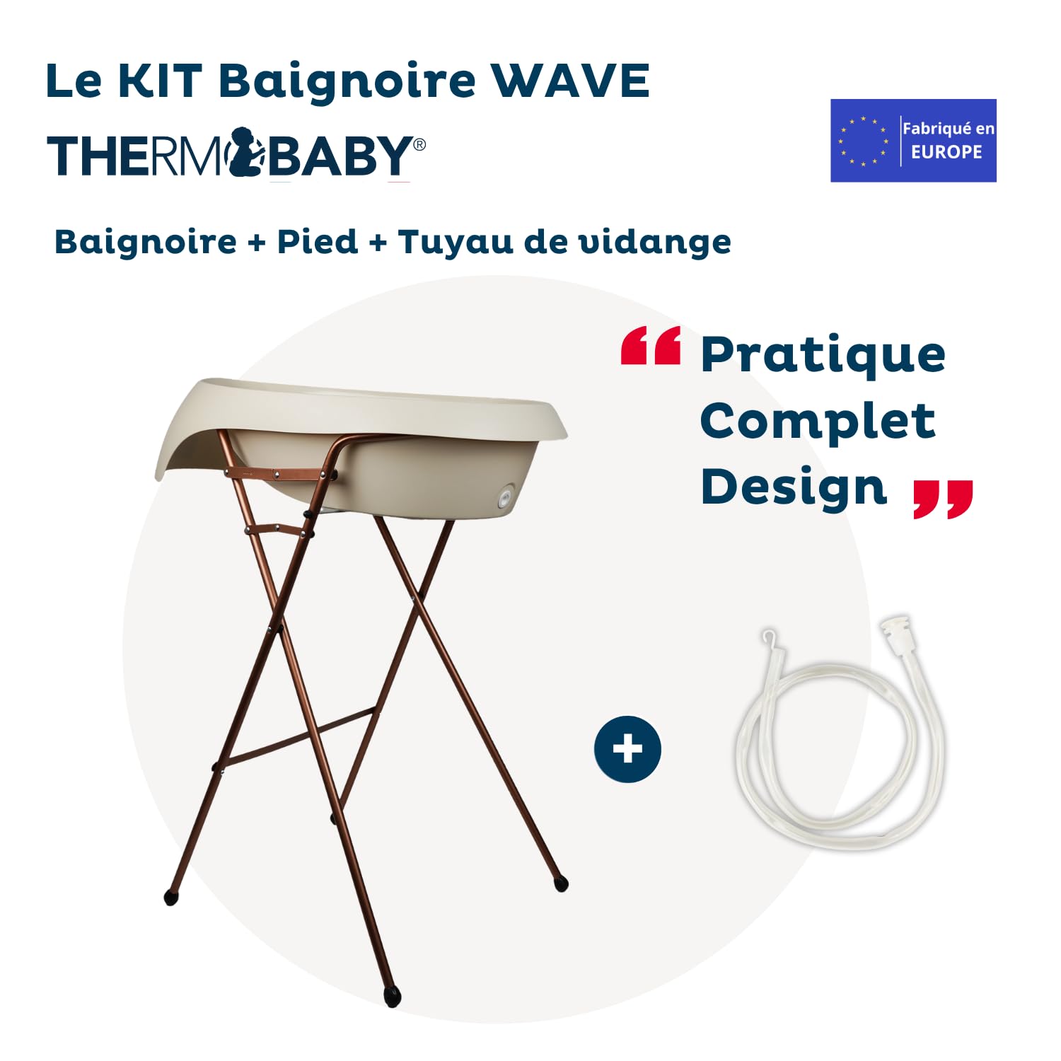 THERMOBABY – Kit de bañera para bebé, bañera de hidromasaje, pie de cobre y manguera de drenaje – plegable y estable – Fabricado en Europa – Beige