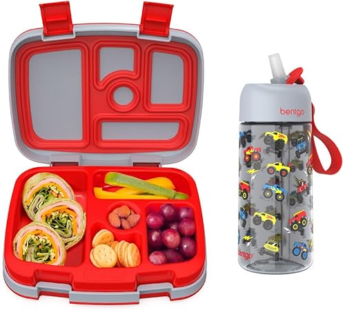 Bentgo Kids Prints Lunch Box Botella de agua para niños - Nuevo y mejorado 2023 (Camiones)