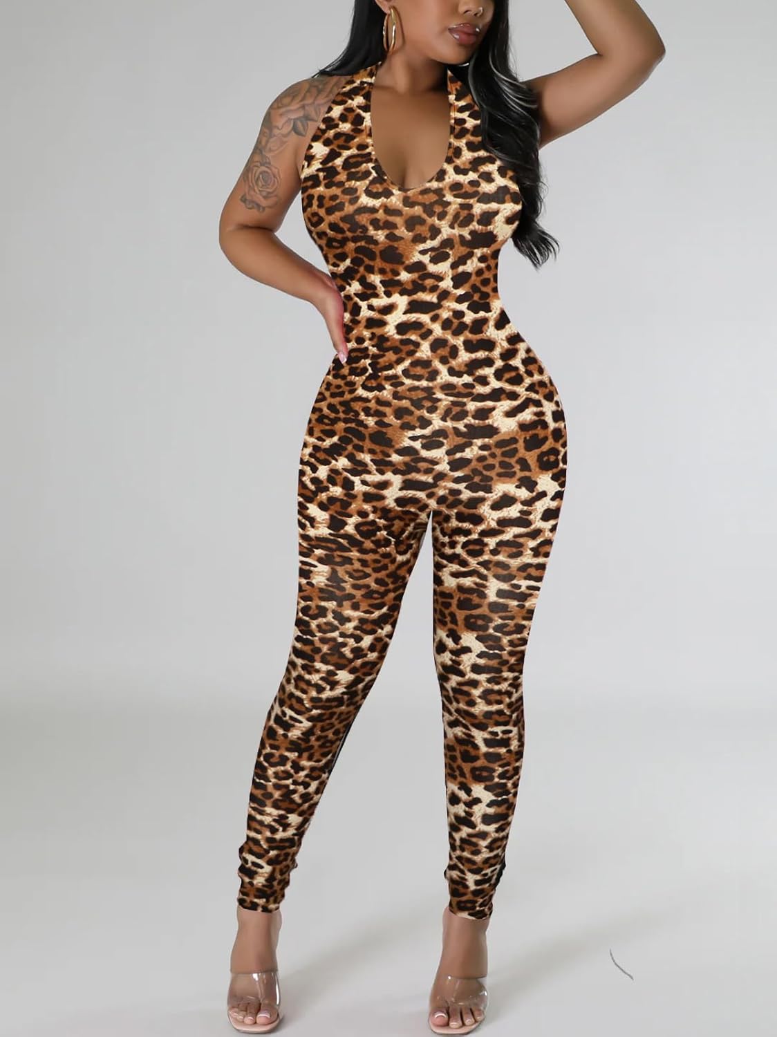 Women's Halter Bodycon Black Jumpsuits - One Piece Backless Leopard Summer Casual Workout Club Pants Rompers Outfits Catsuits - Image 3