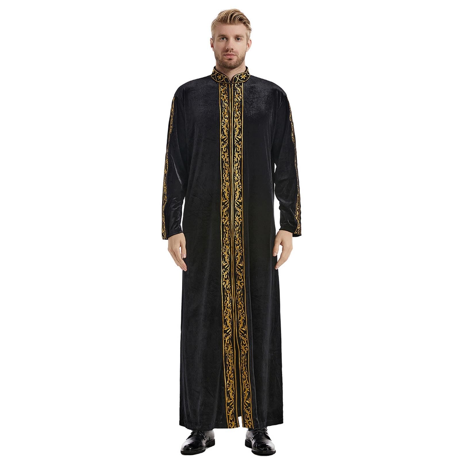 Ramadan Caftano Uomo Oro Velluto Abiti Musulmani Abaya Arabo Thobe Manica Lunga Tunica Musulmano Ricamo Islamico Robe Dubai Vestiti Sauditi Medio Oriente Abbigliamento da preghiera