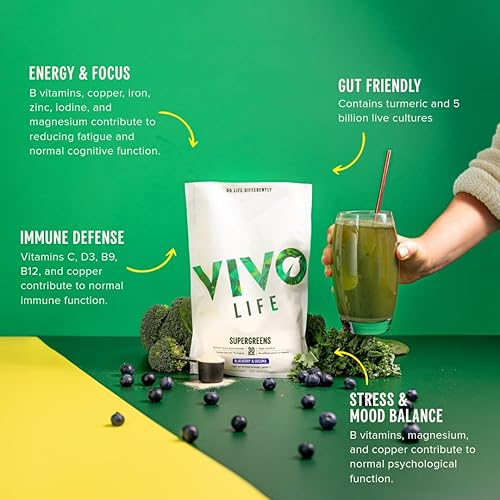 Miniatura 2 de Vivo life Thrive Superalimento vegano con vitaminas minerales, frutas y verduras, sabor arándano y lúcuma, 30 porciones - 8.46 onzas