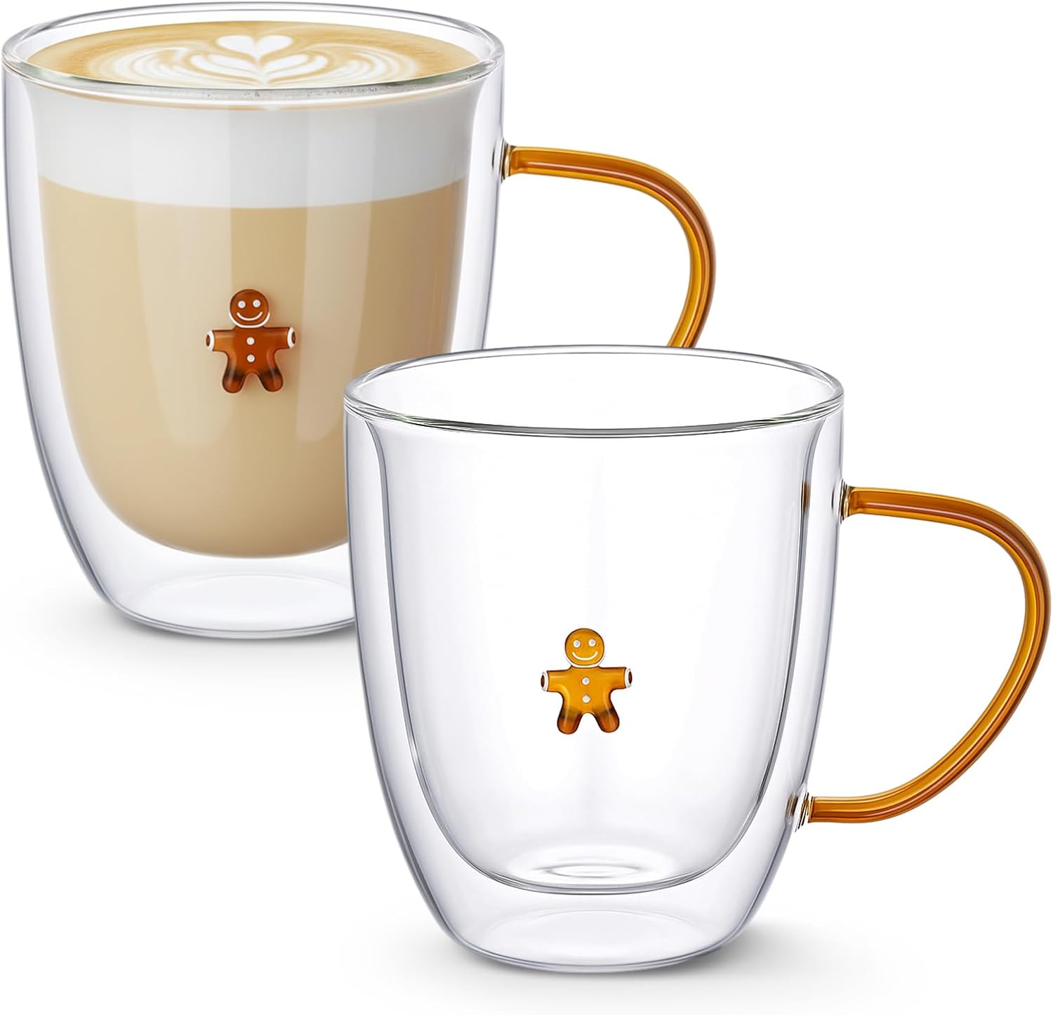 SiliFine 2 PCS Winter Icon Glass Mug with Handle - 14 oz Gingerbread Man Insulated Double Walled Coffee Cup, Christmas Glass Mug Gift Set for Cappuccino, Latte, Chocolate, Tea
