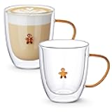 SiliFine 2 PCS Winter Icon Glass Mug with Handle - 14 oz Gingerbread Man Insulated Double Walled Coffee Cup, Christmas Glass Mug Gift Set for Cappuccino, Latte, Chocolate, Tea