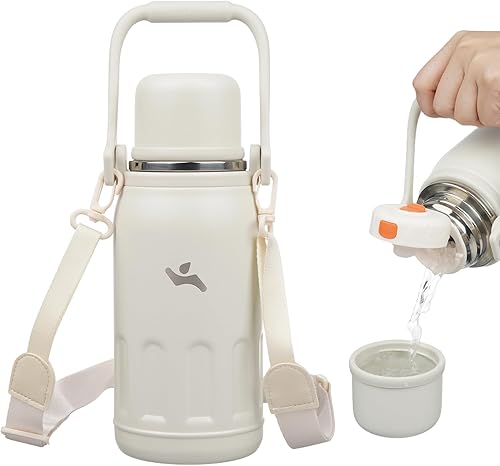 Miniatura 16 de Botella de agua térmica con asa y correa, vaso de viaje al vacío con tapa de taza, taza de café térmica para bebidas frías y calientes, 27 onzas,