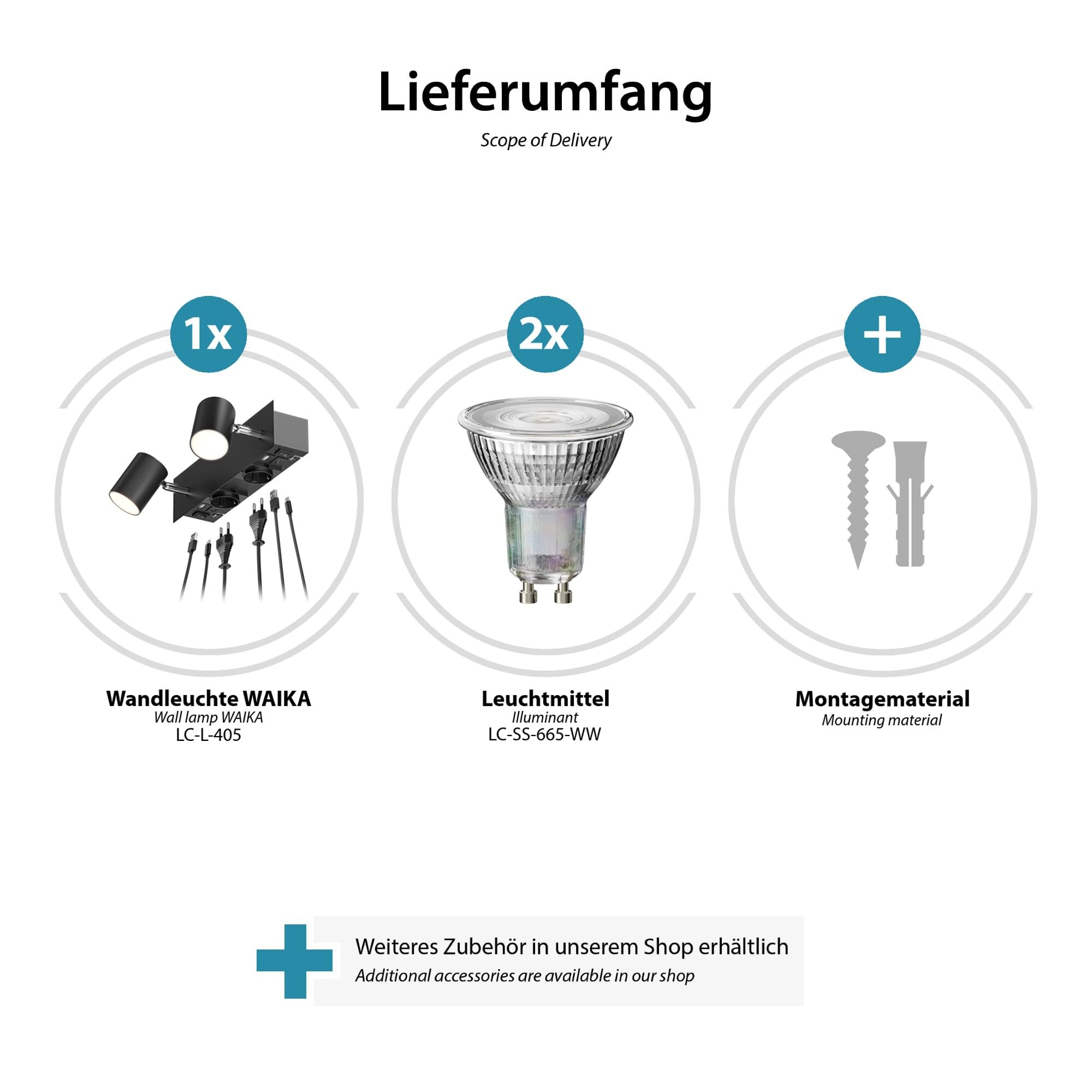 ledscom.de Wandspot WAIKA, 2-flammig, schwarz, Steckdosen, USB-C, USB-A, inkl. LED GU10 Lampen, 3-Stufen-Dimmer, je 374lm, 70°, warmweiß