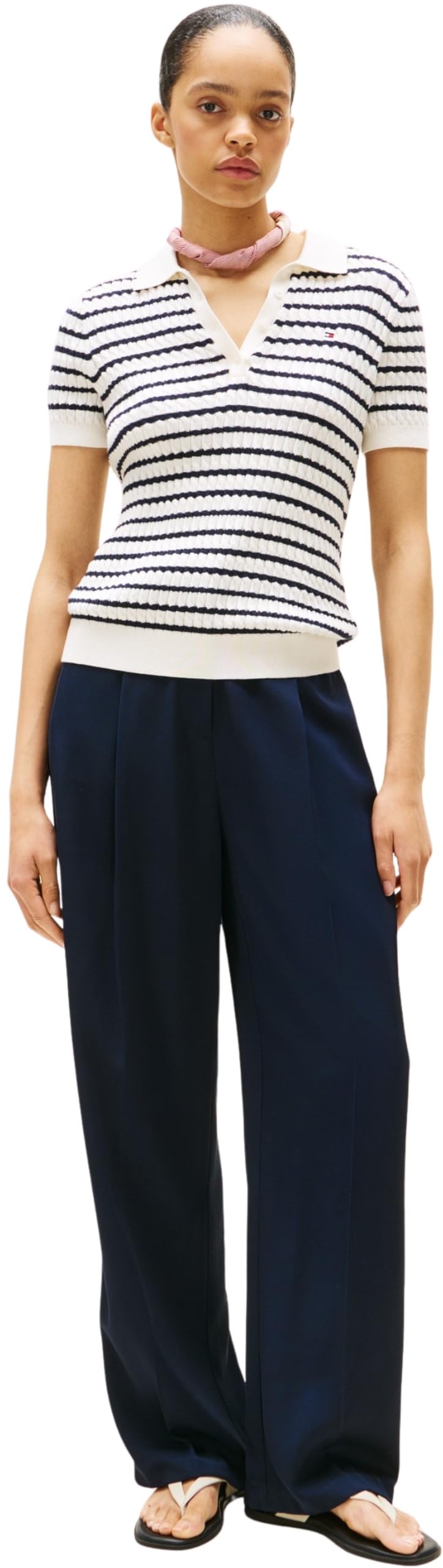 Tommy Hilfiger Donna Maglietta Polo Maniche Corte Cable Sweater con Chiusura a Bottoni