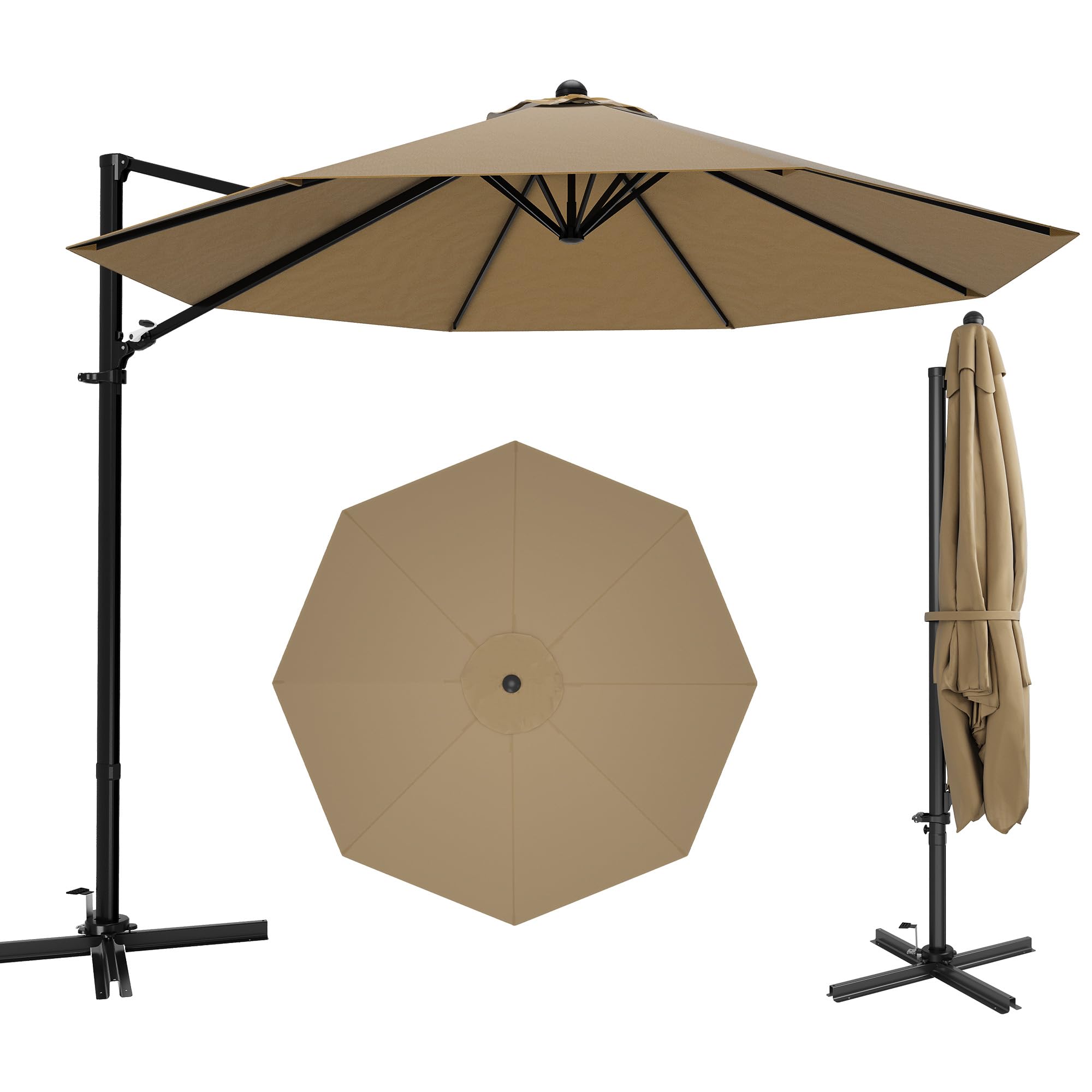 Devoko 10ft Cantilever Patio Umbrella, Round Large Outdoor Umbrella with 360-Degree Rotation, Hanging Offset Market Sun Umbrella, Easy Tilt and Heavy-Duty Frame, for Patio Backyard Garden, Brown