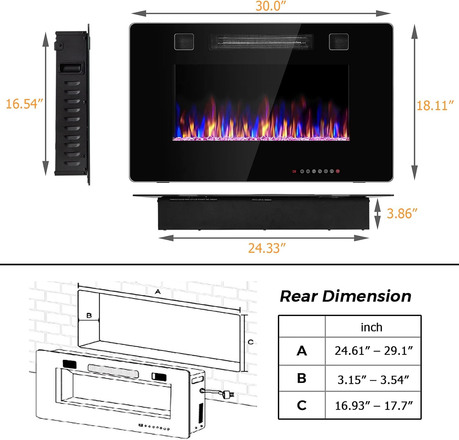 Three images showing the electric fireplace installed in different settings: wall-mounted, recessed into a fireplace mantel, and integrated into a TV stand.