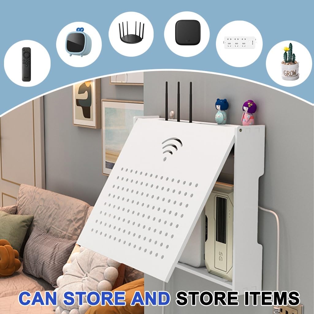 Support mural flottant pour routeur WiFi pour la maison et le bureau, boîte de câbles réglable (blanc, 38 x 9 x 26 cm)
