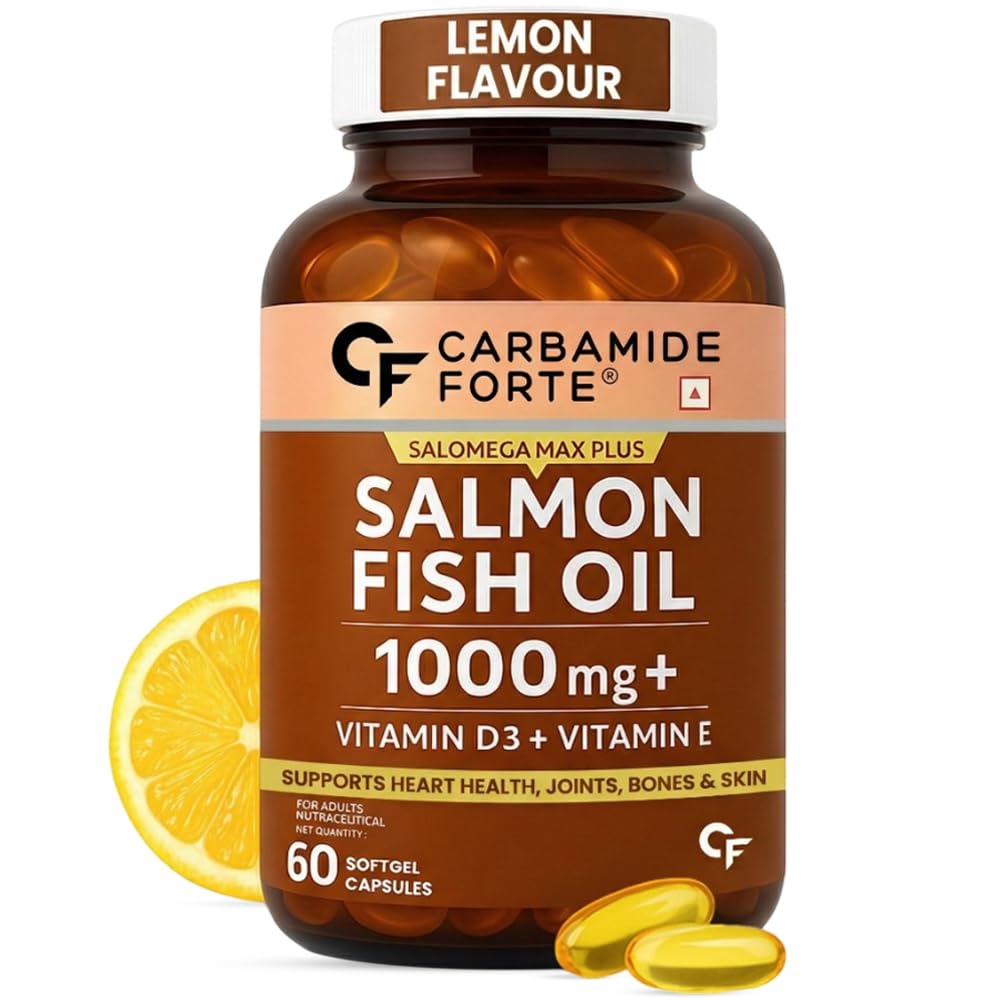 Carbamide Forte Omega 3 Fish Oil Capsules Softgel 1000mg with Vitamin D & E | Omega 3 Supplement Softgel For Men & Women | Salmon Fish Oil Omega3 Supplement For Heart, Joints, Bones & Skin - 60 Softgels