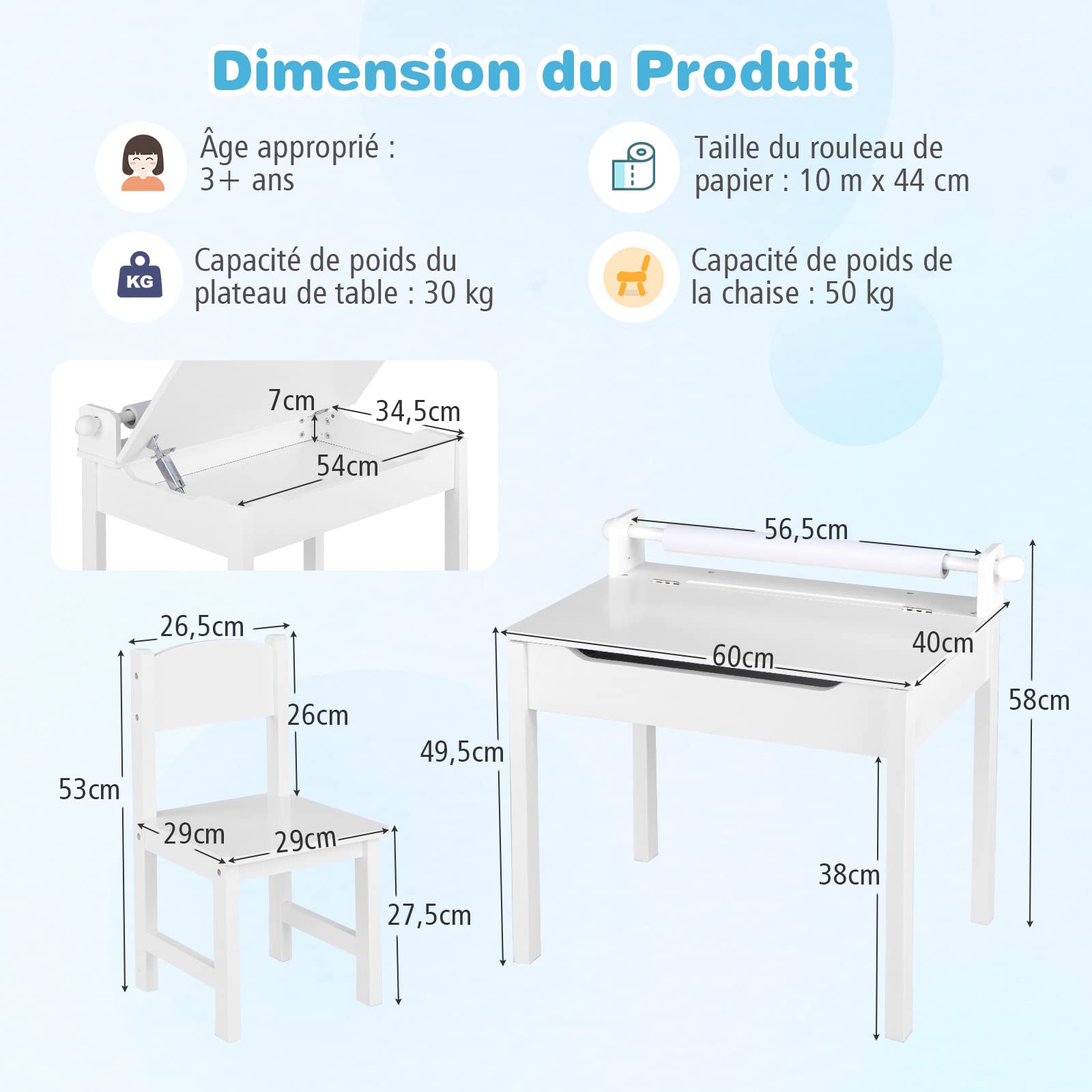 COSTWAY Bureau pour Enfants avec Tabouret & Plateau Rabattable, Table à Dessin en Pin Polyvalent avec Rouleau de Papier, Espace Caché, Poignées Découpées pour Enfants de 3 Ans+ (Blanc)