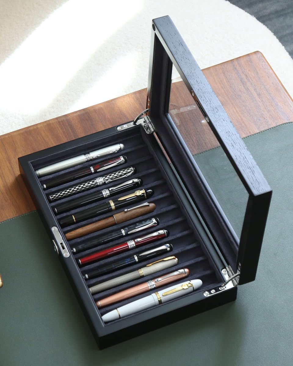Stift-Vitrine aus Holz, 12 Stifte, Füllfederhalter-Präsentationsbox, abschließbare Stift-Aufbewahrungsbox mit Glas und High-End-Hardware, Stiftebox, Organizer, Stiftsammlungs-Vitrine (schwarz