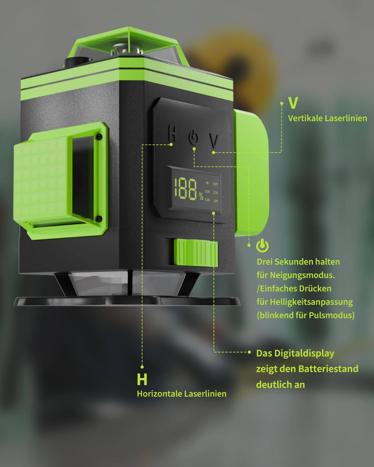 Cross Line Laser, niveau à bulle laser vert auto-nivelant 4x360 degrés avec affichage numérique, laser rotatif avec batterie au lithium 2 * 2400mAh, laser de construction laser linéaire