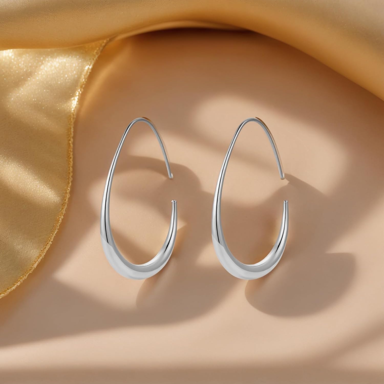 14k Gold/White Gold Plated Lightweight Teardrop Hoop Earrings for Women Large Oval Pull Through Hoop Earrings High Polished Statement Jewelry Gift for Women - Image 5
