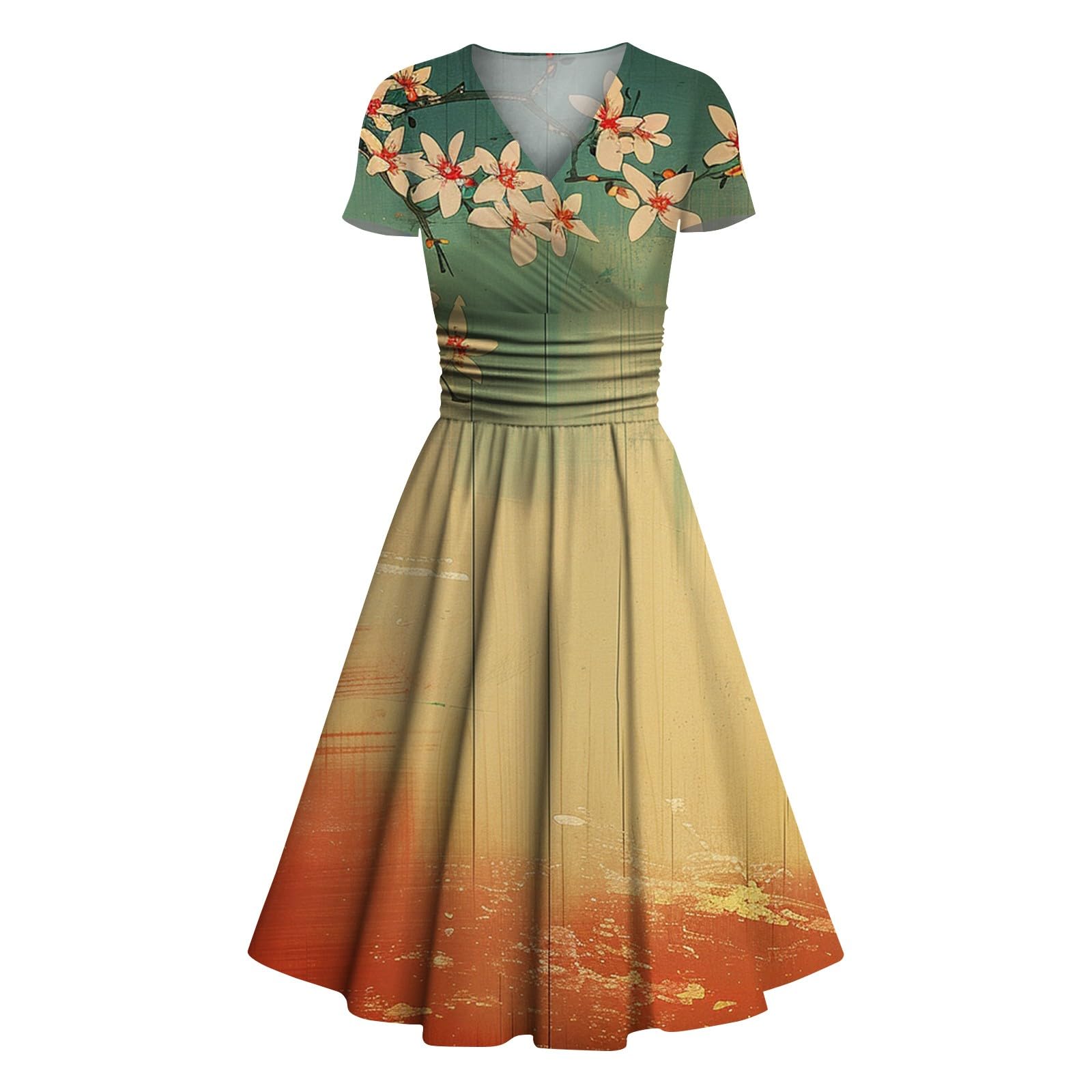FebecoolSpring Dresses for Women 2024 Spring and Summer Women'S Casual Short-Sleeved V-Neck Printed Swing Dress