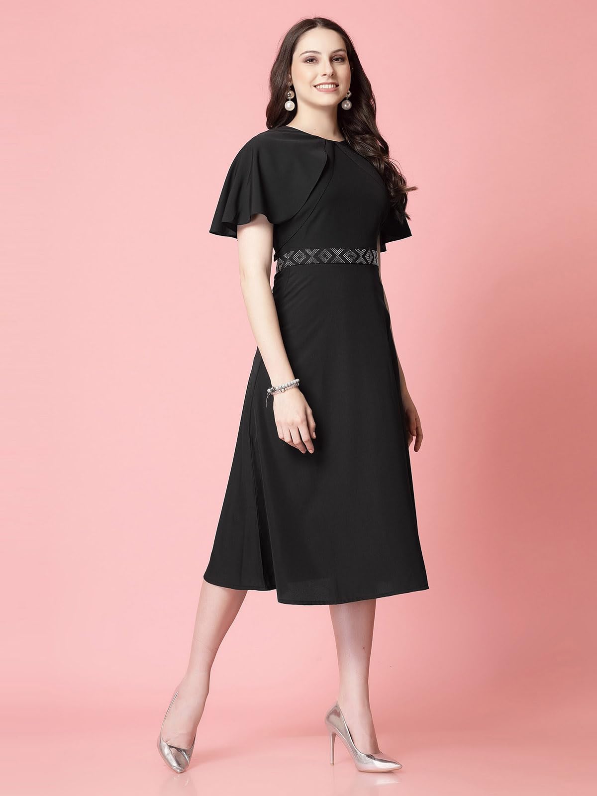 Selvia Women's Western Dress | Stone Work Flutter Sleeve Crepe Western Dress For Women | Round Neck A-Line Dress For Women | One Piece Dress For Women (665Dtk686N-S_Black)