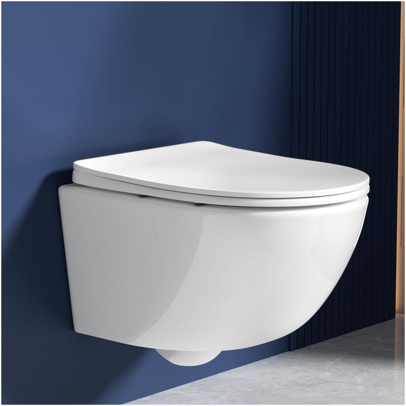 Rainsworth Inodoro de pared sin borde - Inodoro colgante de potente descarga, con tecnología de descarga eficiente, taza de inodoro incluida con asiento de descenso automático y sujetador rápido